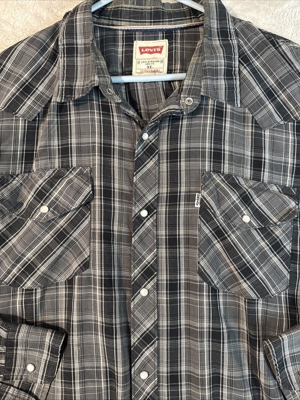 Levi’s Pearl Snap Western Cowboy Nashville Shirt Men’s XL grey Plaid Regular Fit